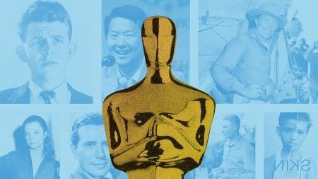 Image of Academy Award statue surrounded by faces of creative individuals.